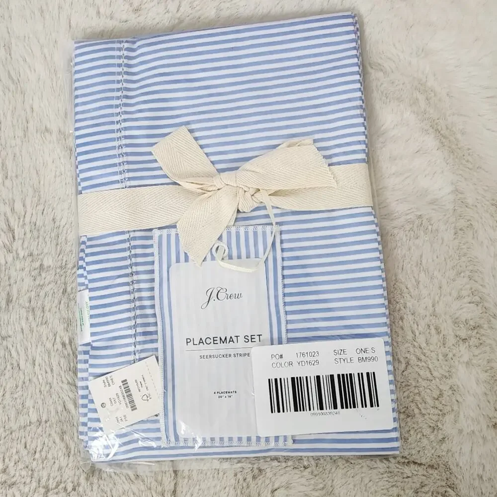 J. Crew Home Blue White Seersucker Striped Placemats Set of 4 Cotton NWT BM990